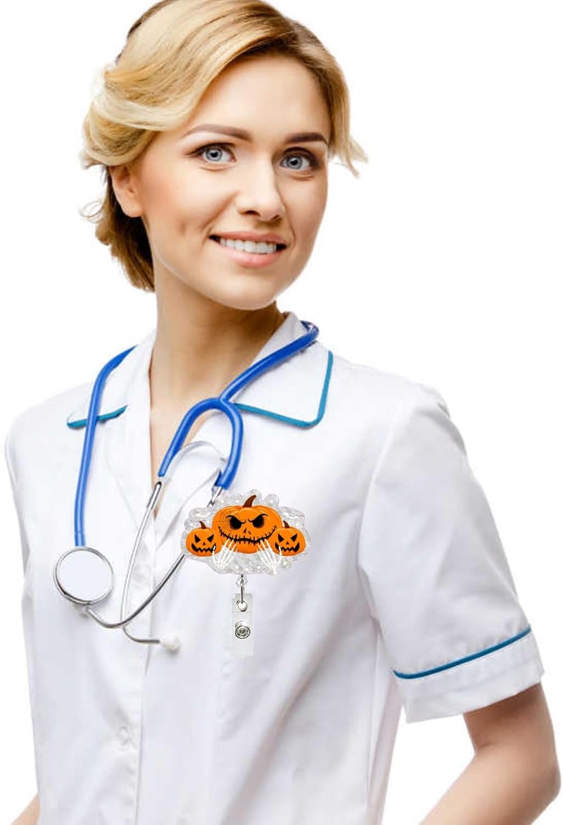 NSSHEL Halloween Pumpkin Badge Reel Cute Glitter Badge Holder Badge Clip Nurse Badge Reel Halloween Handbone Retractable Name Badge Name Tag Holder Nursing Student Social Worker Gift for Coworker - Image 5